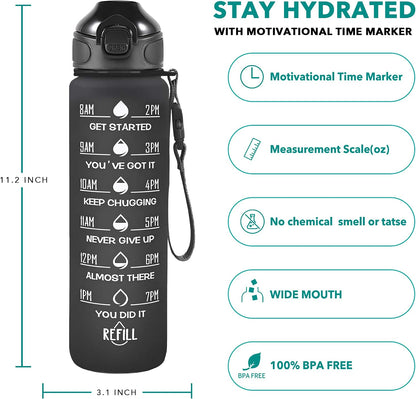 32 oz Drinking Water Bottle with Times to Drink and Straw, Motivational with Carrying Strap, Leakproof BPA & Toxic Free, Ensure You Drink Enough Water for Fitness Gym Outdoor