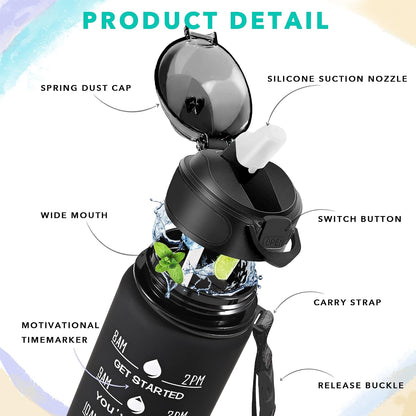 32 oz Drinking Water Bottle with Times to Drink and Straw, Motivational with Carrying Strap, Leakproof BPA & Toxic Free, Ensure You Drink Enough Water for Fitness Gym Outdoor