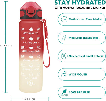32 oz Drinking Water Bottle with Times to Drink and Straw, Motivational with Carrying Strap, Leakproof BPA & Toxic Free, Ensure You Drink Enough Water for Fitness Gym Outdoor