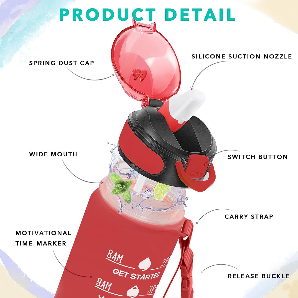 32 oz Drinking Water Bottle with Times to Drink and Straw, Motivational with Carrying Strap, Leakproof BPA & Toxic Free, Ensure You Drink Enough Water for Fitness Gym Outdoor