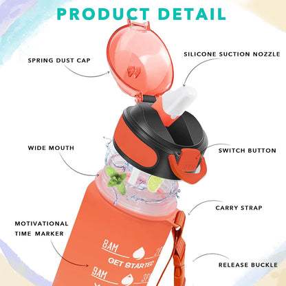 32 oz Drinking Water Bottle with Times to Drink and Straw, Motivational with Carrying Strap, Leakproof BPA & Toxic Free, Ensure You Drink Enough Water for Fitness Gym Outdoor