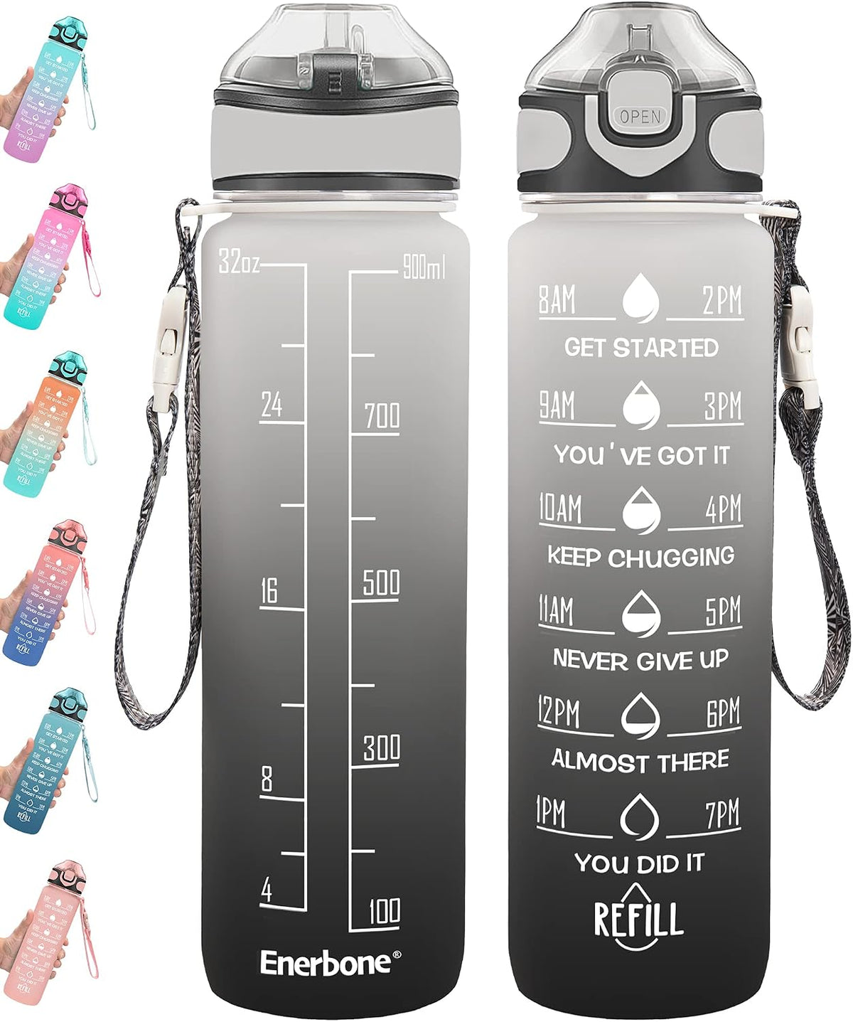 32 oz Drinking Water Bottle with Times to Drink and Straw, Motivational with Carrying Strap, Leakproof BPA & Toxic Free, Ensure You Drink Enough Water for Fitness Gym Outdoor