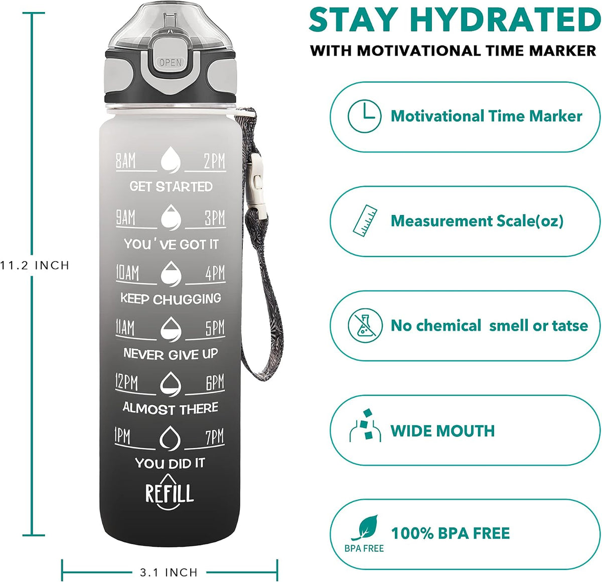 32 oz Drinking Water Bottle with Times to Drink and Straw, Motivational with Carrying Strap, Leakproof BPA & Toxic Free, Ensure You Drink Enough Water for Fitness Gym Outdoor