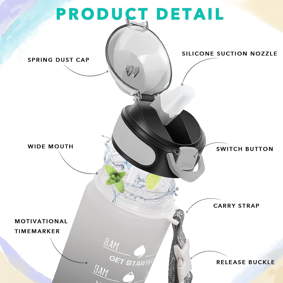 32 oz Drinking Water Bottle with Times to Drink and Straw, Motivational with Carrying Strap, Leakproof BPA & Toxic Free, Ensure You Drink Enough Water for Fitness Gym Outdoor