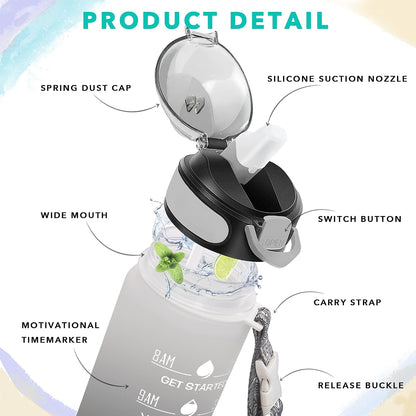 32 oz Drinking Water Bottle with Times to Drink and Straw, Motivational with Carrying Strap, Leakproof BPA & Toxic Free, Ensure You Drink Enough Water for Fitness Gym Outdoor