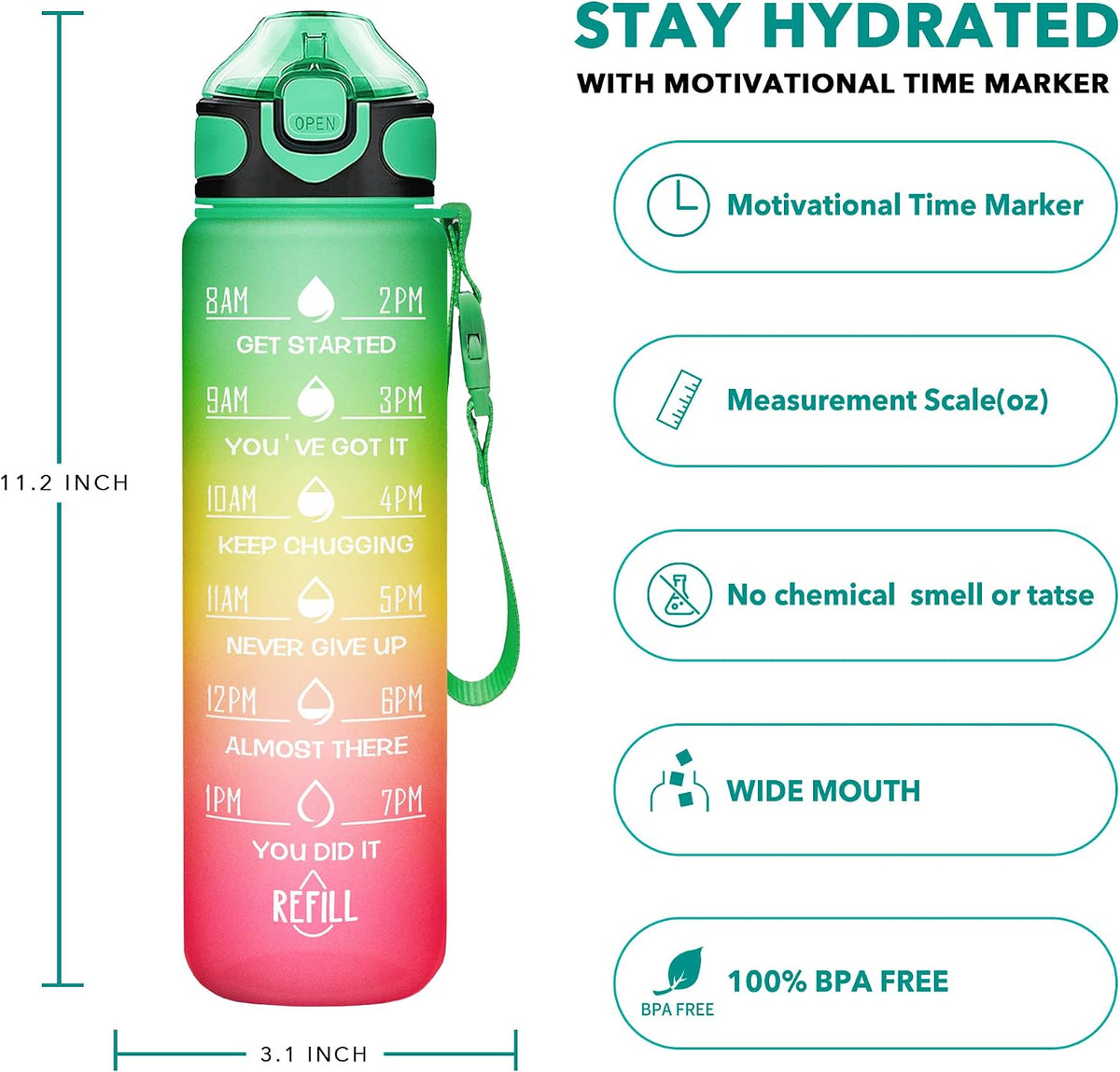 32 oz Drinking Water Bottle with Times to Drink and Straw, Motivational with Carrying Strap, Leakproof BPA & Toxic Free, Ensure You Drink Enough Water for Fitness Gym Outdoor