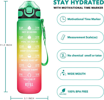 32 oz Drinking Water Bottle with Times to Drink and Straw, Motivational with Carrying Strap, Leakproof BPA & Toxic Free, Ensure You Drink Enough Water for Fitness Gym Outdoor