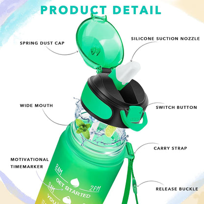 32 oz Drinking Water Bottle with Times to Drink and Straw, Motivational with Carrying Strap, Leakproof BPA & Toxic Free, Ensure You Drink Enough Water for Fitness Gym Outdoor