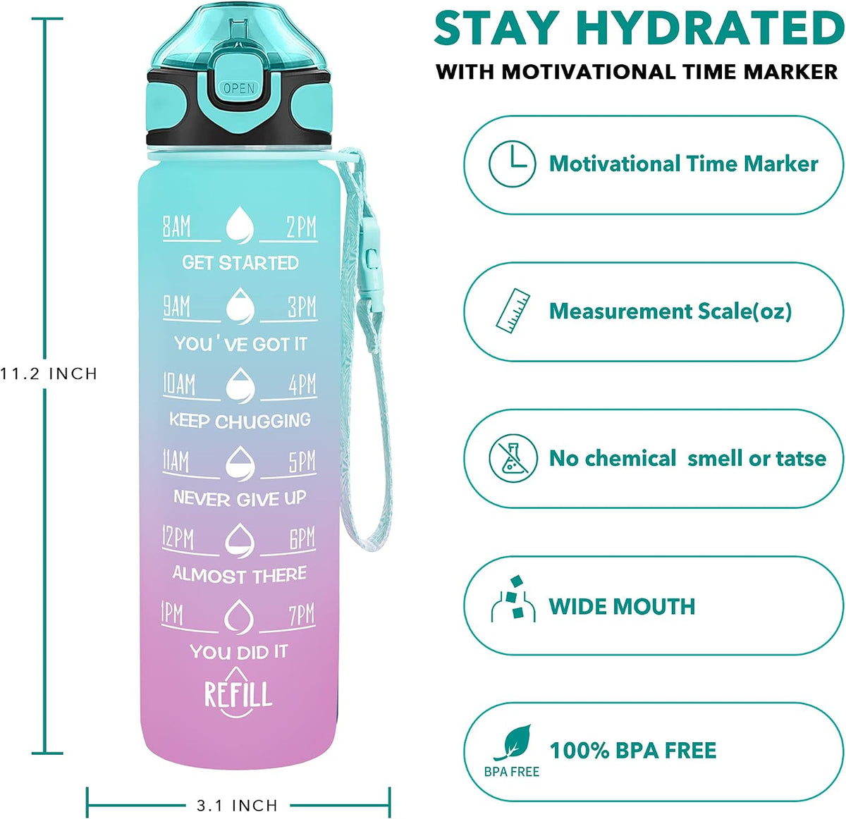 32 oz Drinking Water Bottle with Times to Drink and Straw, Motivational with Carrying Strap, Leakproof BPA & Toxic Free, Ensure You Drink Enough Water for Fitness Gym Outdoor