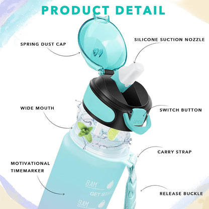 32 oz Drinking Water Bottle with Times to Drink and Straw, Motivational with Carrying Strap, Leakproof BPA & Toxic Free, Ensure You Drink Enough Water for Fitness Gym Outdoor