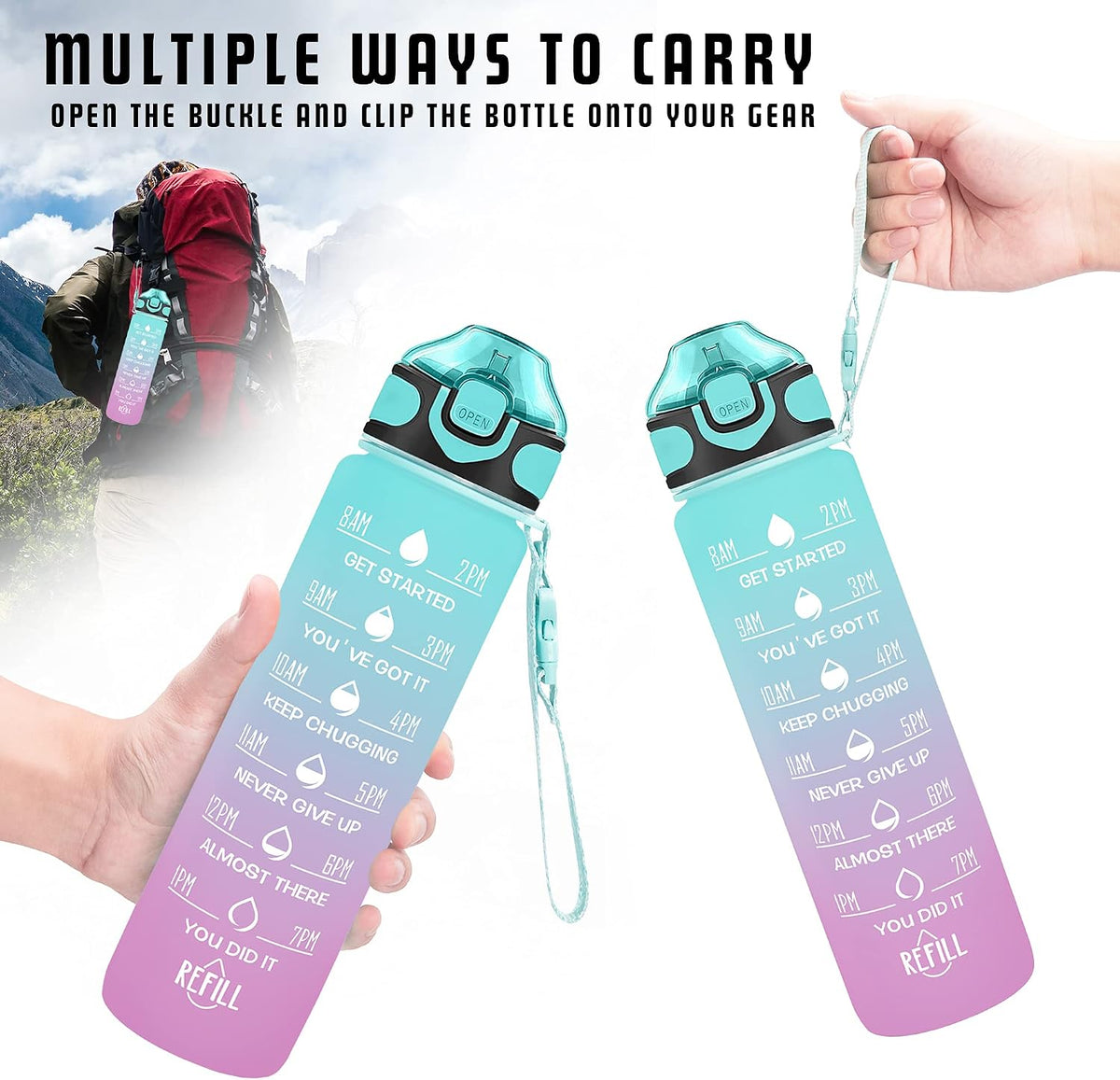 32 oz Drinking Water Bottle with Times to Drink and Straw, Motivational with Carrying Strap, Leakproof BPA & Toxic Free, Ensure You Drink Enough Water for Fitness Gym Outdoor