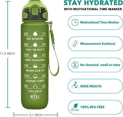 32 oz Drinking Water Bottle with Times to Drink and Straw, Motivational with Carrying Strap, Leakproof BPA & Toxic Free, Ensure You Drink Enough Water for Fitness Gym Outdoor