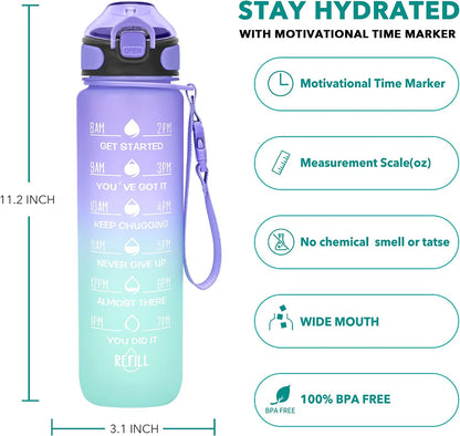 32 oz Drinking Water Bottle with Times to Drink and Straw, Motivational with Carrying Strap, Leakproof BPA & Toxic Free, Ensure You Drink Enough Water for Fitness Gym Outdoor