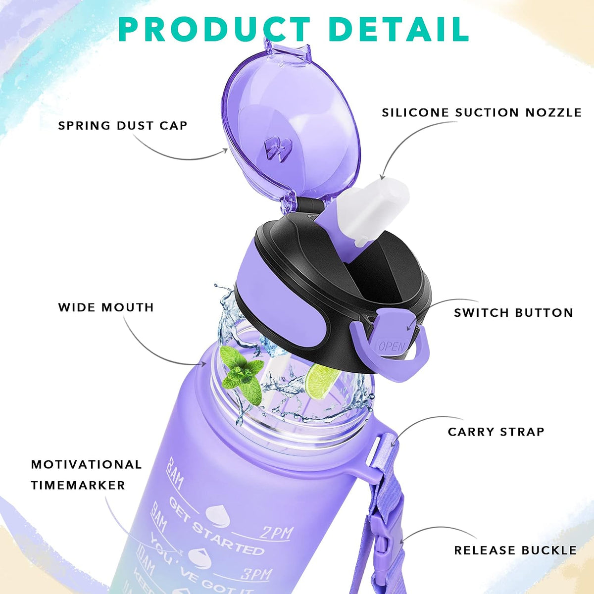 32 oz Drinking Water Bottle with Times to Drink and Straw, Motivational with Carrying Strap, Leakproof BPA & Toxic Free, Ensure You Drink Enough Water for Fitness Gym Outdoor