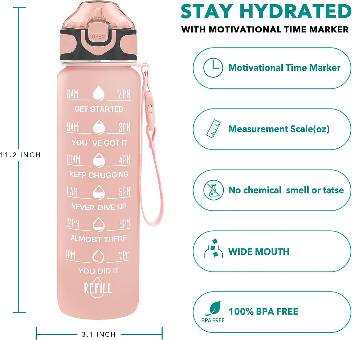 32 oz Drinking Water Bottle with Times to Drink and Straw, Motivational with Carrying Strap, Leakproof BPA & Toxic Free, Ensure You Drink Enough Water for Fitness Gym Outdoor
