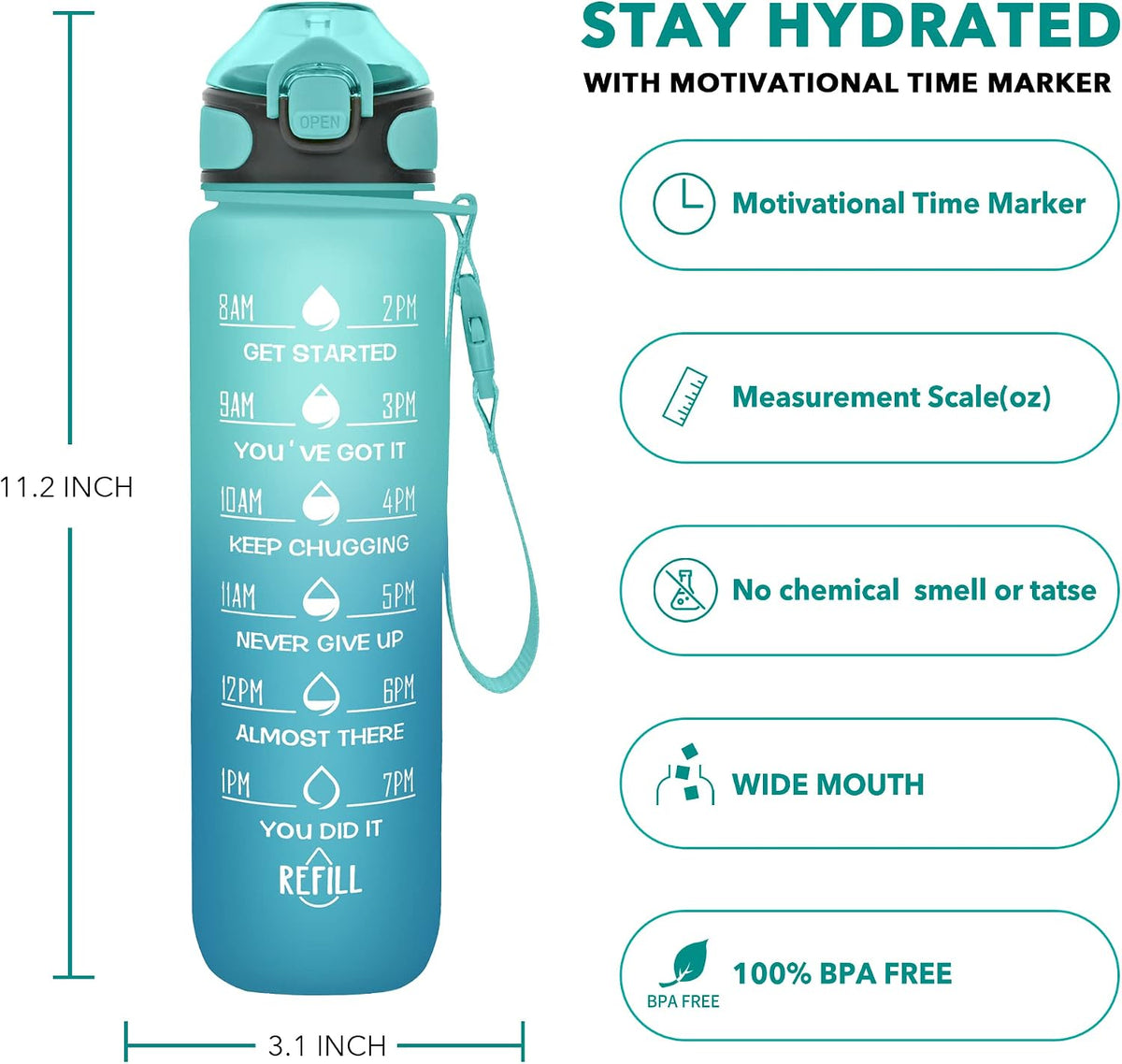 32 oz Drinking Water Bottle with Times to Drink and Straw, Motivational with Carrying Strap, Leakproof BPA & Toxic Free, Ensure You Drink Enough Water for Fitness Gym Outdoor