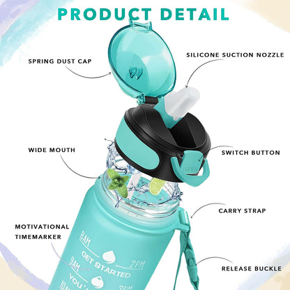 32 oz Drinking Water Bottle with Times to Drink and Straw, Motivational with Carrying Strap, Leakproof BPA & Toxic Free, Ensure You Drink Enough Water for Fitness Gym Outdoor