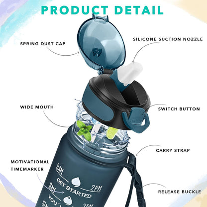 32 oz Drinking Water Bottle with Times to Drink and Straw, Motivational with Carrying Strap, Leakproof BPA & Toxic Free, Ensure You Drink Enough Water for Fitness Gym Outdoor