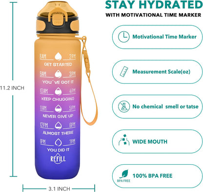32 oz Drinking Water Bottle with Times to Drink and Straw, Motivational with Carrying Strap, Leakproof BPA & Toxic Free, Ensure You Drink Enough Water for Fitness Gym Outdoor