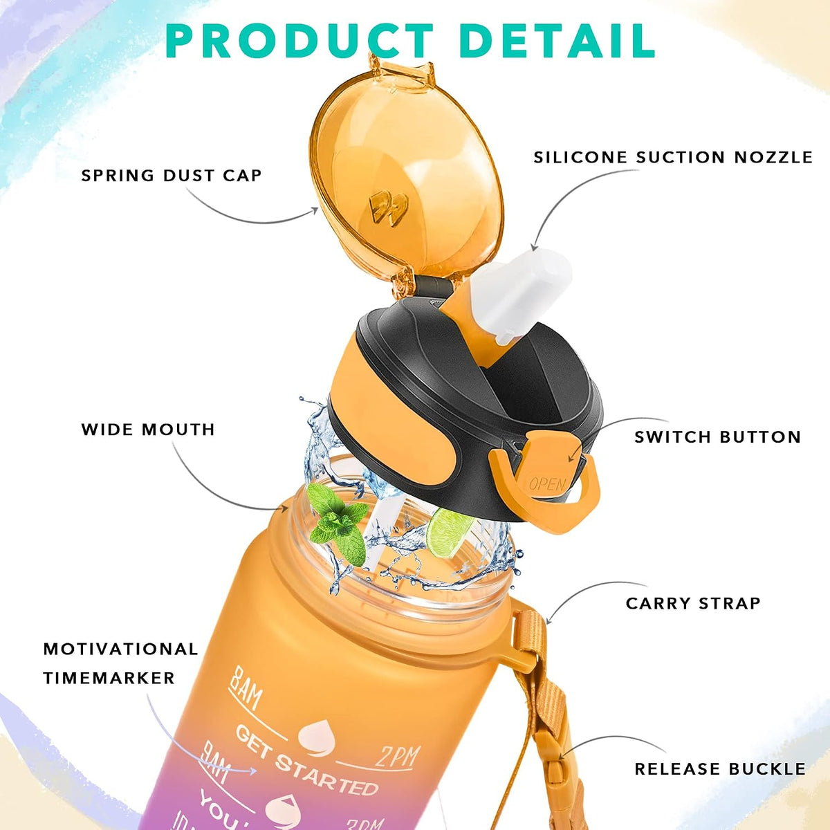 32 oz Drinking Water Bottle with Times to Drink and Straw, Motivational with Carrying Strap, Leakproof BPA & Toxic Free, Ensure You Drink Enough Water for Fitness Gym Outdoor