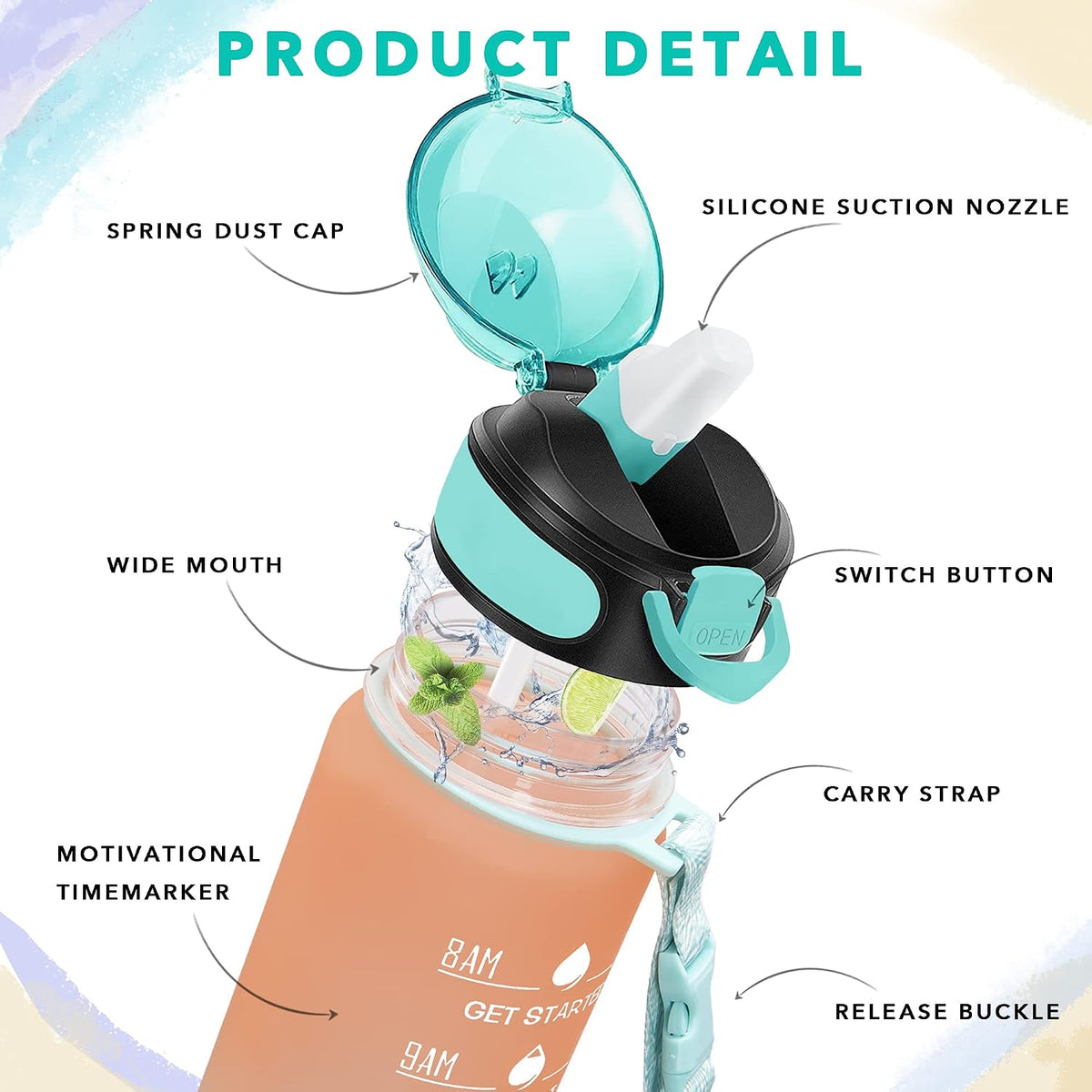 32 oz Drinking Water Bottle with Times to Drink and Straw, Motivational with Carrying Strap, Leakproof BPA & Toxic Free, Ensure You Drink Enough Water for Fitness Gym Outdoor