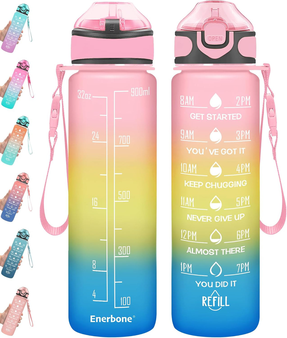 32 oz Drinking Water Bottle with Times to Drink and Straw, Motivational with Carrying Strap, Leakproof BPA & Toxic Free, Ensure You Drink Enough Water for Fitness Gym Outdoor
