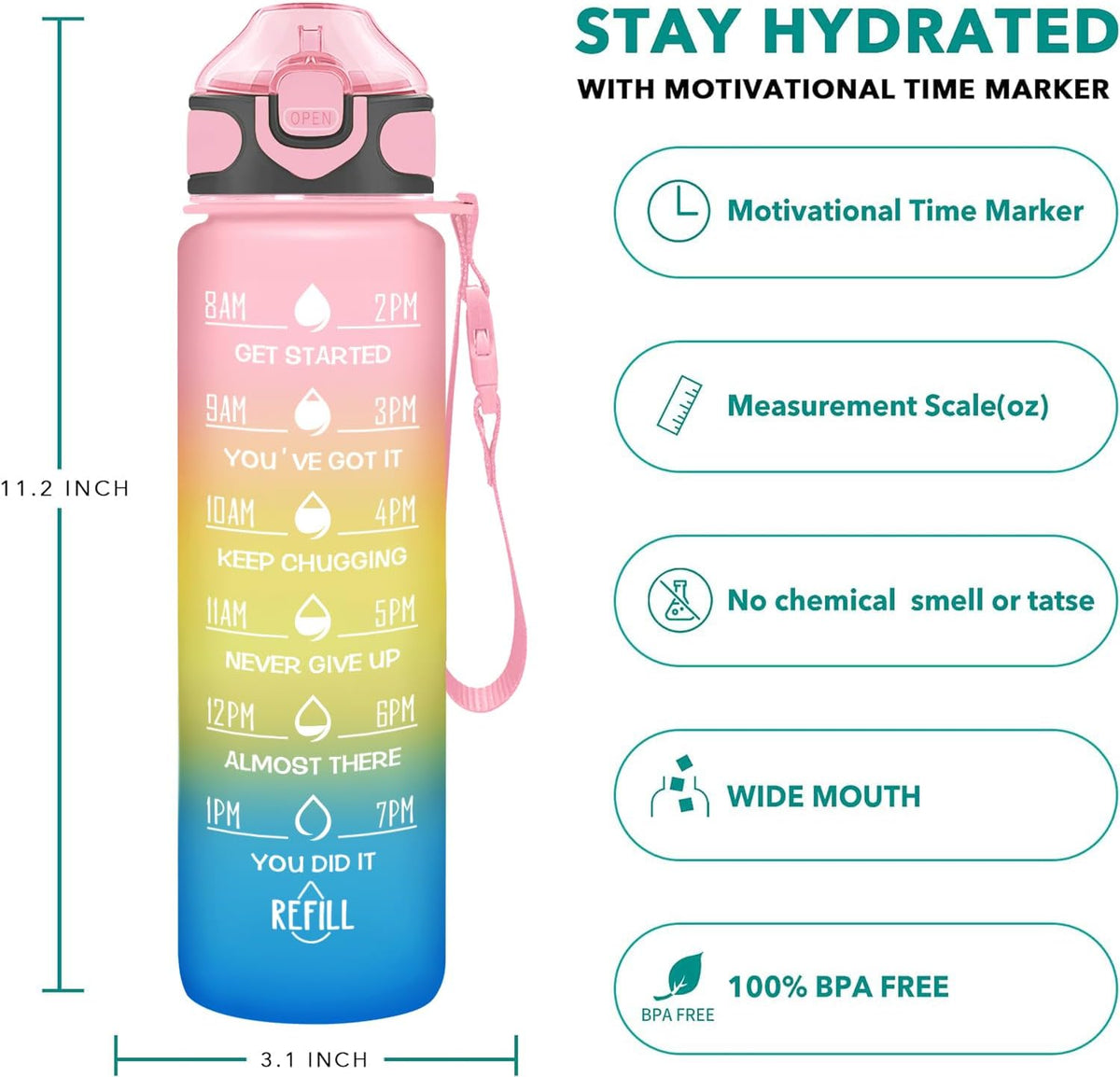 32 oz Drinking Water Bottle with Times to Drink and Straw, Motivational with Carrying Strap, Leakproof BPA & Toxic Free, Ensure You Drink Enough Water for Fitness Gym Outdoor
