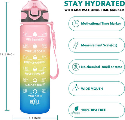 32 oz Drinking Water Bottle with Times to Drink and Straw, Motivational with Carrying Strap, Leakproof BPA & Toxic Free, Ensure You Drink Enough Water for Fitness Gym Outdoor