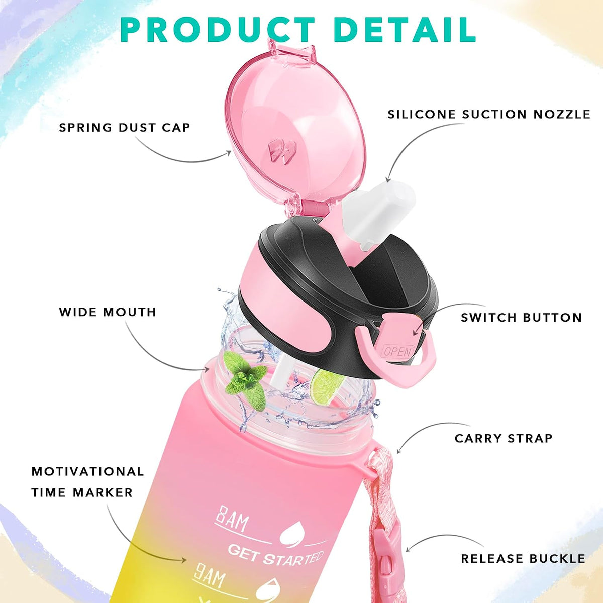 32 oz Drinking Water Bottle with Times to Drink and Straw, Motivational with Carrying Strap, Leakproof BPA & Toxic Free, Ensure You Drink Enough Water for Fitness Gym Outdoor