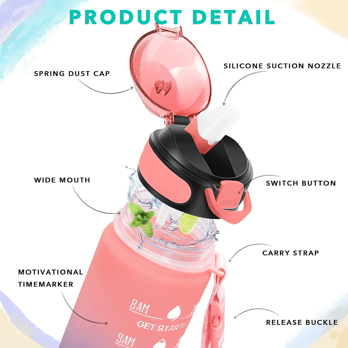 32 oz Drinking Water Bottle with Times to Drink and Straw, Motivational with Carrying Strap, Leakproof BPA & Toxic Free, Ensure You Drink Enough Water for Fitness Gym Outdoor