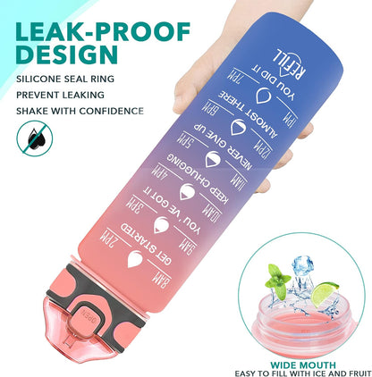 32 oz Drinking Water Bottle with Times to Drink and Straw, Motivational with Carrying Strap, Leakproof BPA & Toxic Free, Ensure You Drink Enough Water for Fitness Gym Outdoor