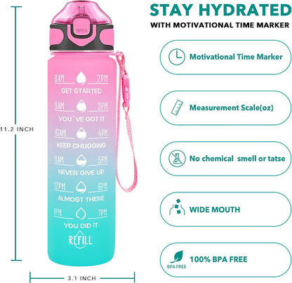 32 oz Drinking Water Bottle with Times to Drink and Straw, Motivational with Carrying Strap, Leakproof BPA & Toxic Free, Ensure You Drink Enough Water for Fitness Gym Outdoor