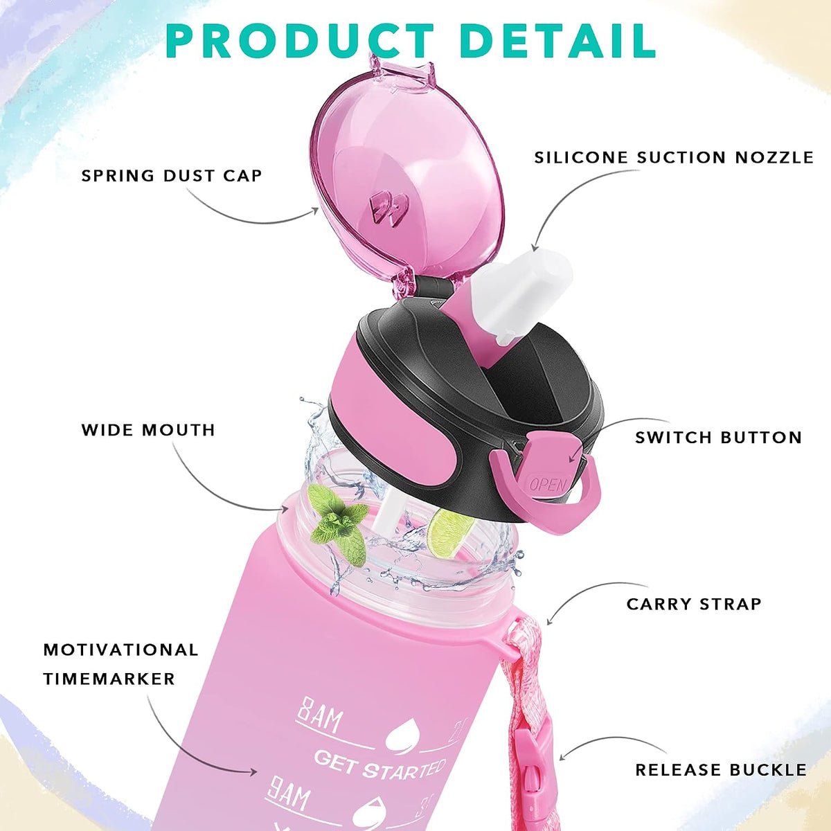 32 oz Drinking Water Bottle with Times to Drink and Straw, Motivational with Carrying Strap, Leakproof BPA & Toxic Free, Ensure You Drink Enough Water for Fitness Gym Outdoor