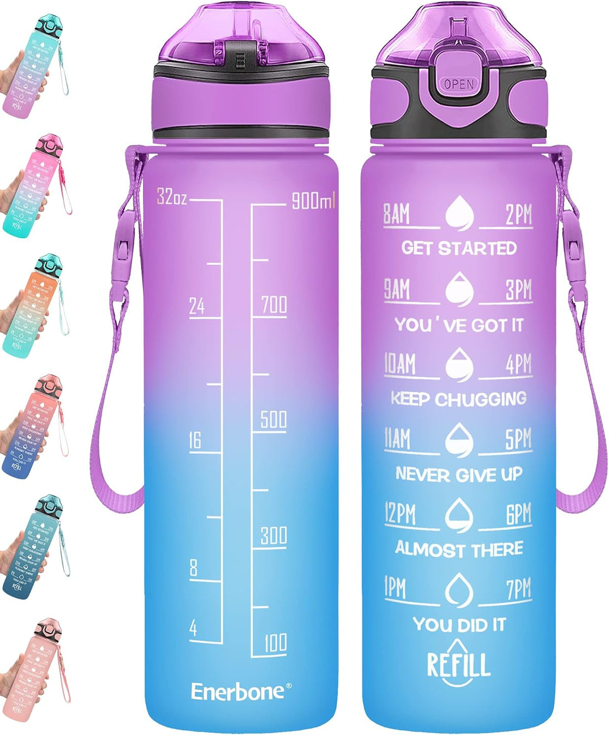 32 oz Drinking Water Bottle with Times to Drink and Straw, Motivational with Carrying Strap, Leakproof BPA & Toxic Free, Ensure You Drink Enough Water for Fitness Gym Outdoor
