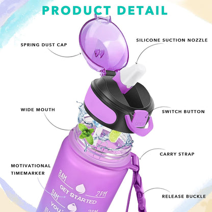 32 oz Drinking Water Bottle with Times to Drink and Straw, Motivational with Carrying Strap, Leakproof BPA & Toxic Free, Ensure You Drink Enough Water for Fitness Gym Outdoor