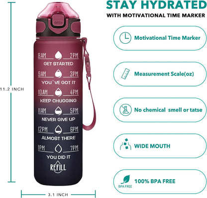 32 oz Drinking Water Bottle with Times to Drink and Straw, Motivational with Carrying Strap, Leakproof BPA & Toxic Free, Ensure You Drink Enough Water for Fitness Gym Outdoor