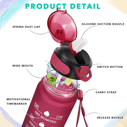 32 oz Drinking Water Bottle with Times to Drink and Straw, Motivational with Carrying Strap, Leakproof BPA & Toxic Free, Ensure You Drink Enough Water for Fitness Gym Outdoor