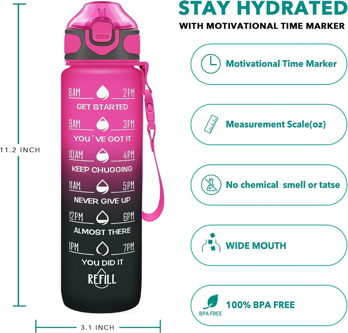 32 oz Drinking Water Bottle with Times to Drink and Straw, Motivational with Carrying Strap, Leakproof BPA & Toxic Free, Ensure You Drink Enough Water for Fitness Gym Outdoor