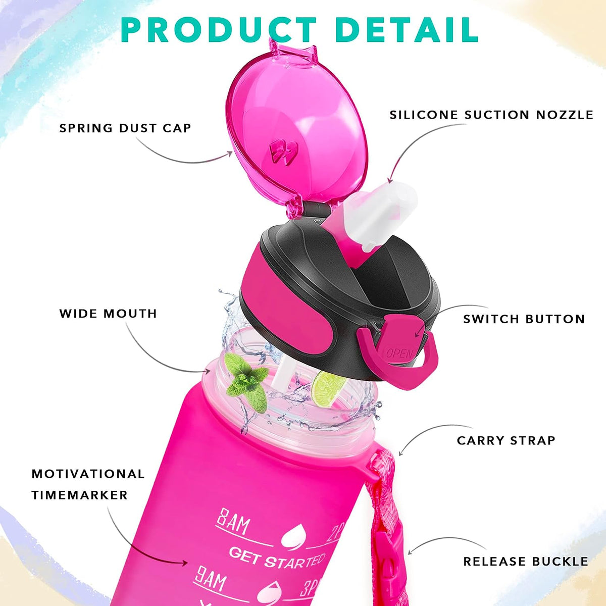 32 oz Drinking Water Bottle with Times to Drink and Straw, Motivational with Carrying Strap, Leakproof BPA & Toxic Free, Ensure You Drink Enough Water for Fitness Gym Outdoor