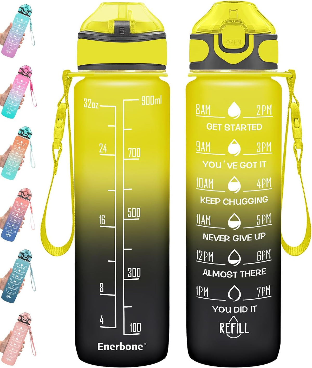 32 oz Drinking Water Bottle with Times to Drink and Straw, Motivational with Carrying Strap, Leakproof BPA & Toxic Free, Ensure You Drink Enough Water for Fitness Gym Outdoor