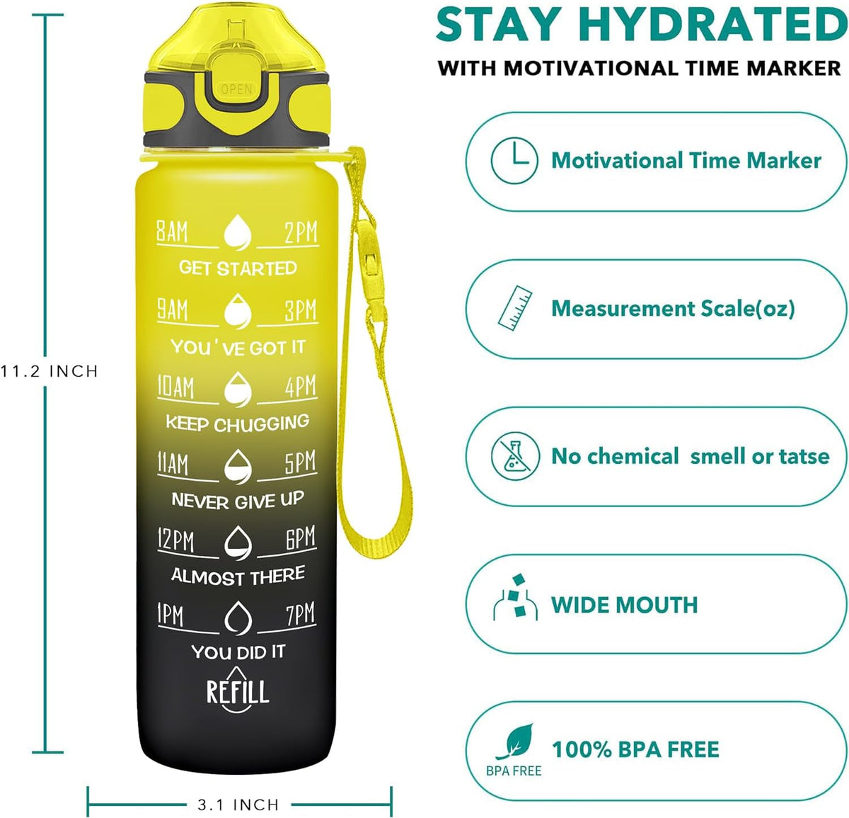 32 oz Drinking Water Bottle with Times to Drink and Straw, Motivational with Carrying Strap, Leakproof BPA & Toxic Free, Ensure You Drink Enough Water for Fitness Gym Outdoor