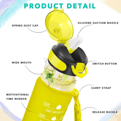 32 oz Drinking Water Bottle with Times to Drink and Straw, Motivational with Carrying Strap, Leakproof BPA & Toxic Free, Ensure You Drink Enough Water for Fitness Gym Outdoor