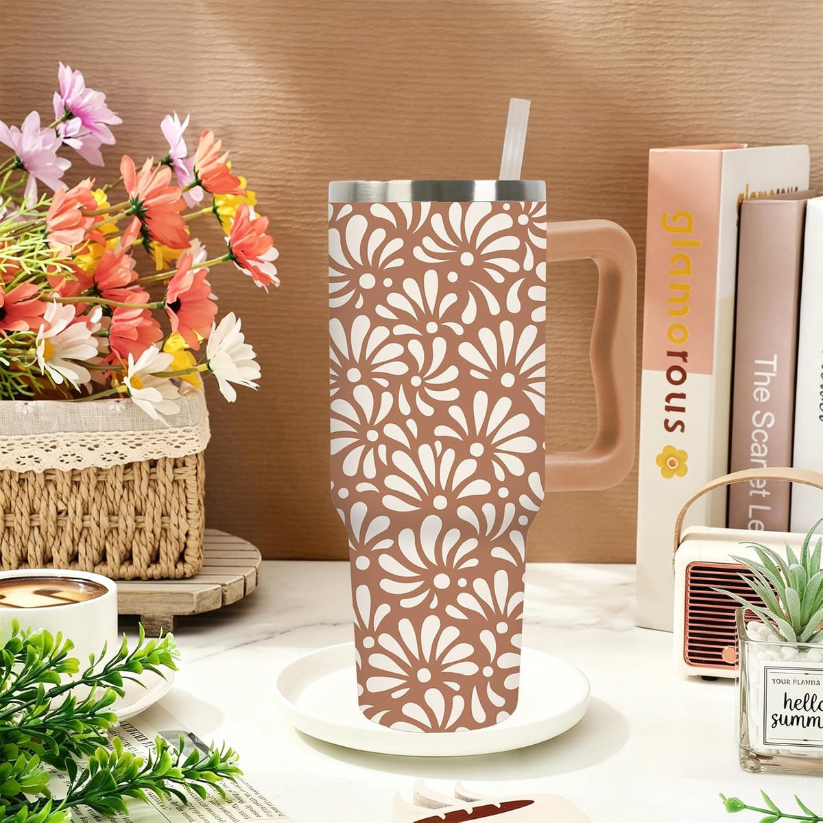 Cowgirl Tumbler with Straw and Lid 40oz Pink Cowgirl Boots Hat Cactus Flower Stainless Steel Cup with Handle Western Theme Travel Coffee Tumbler Cup for Home Office