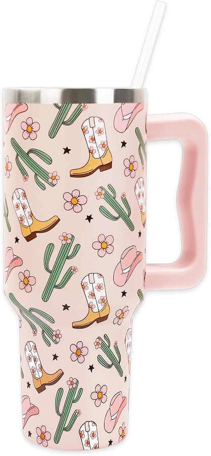 Cowgirl Tumbler with Straw and Lid 40oz Pink Cowgirl Boots Hat Cactus Flower Stainless Steel Cup with Handle Western Theme Travel Coffee Tumbler Cup for Home Office