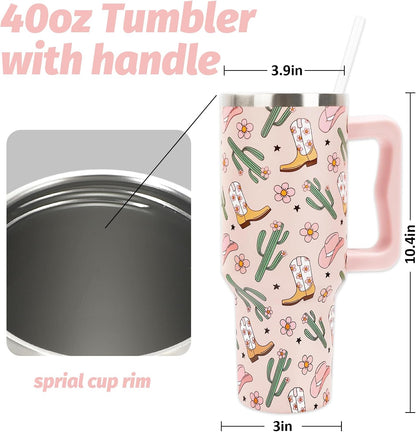 Cowgirl Tumbler with Straw and Lid 40oz Pink Cowgirl Boots Hat Cactus Flower Stainless Steel Cup with Handle Western Theme Travel Coffee Tumbler Cup for Home Office