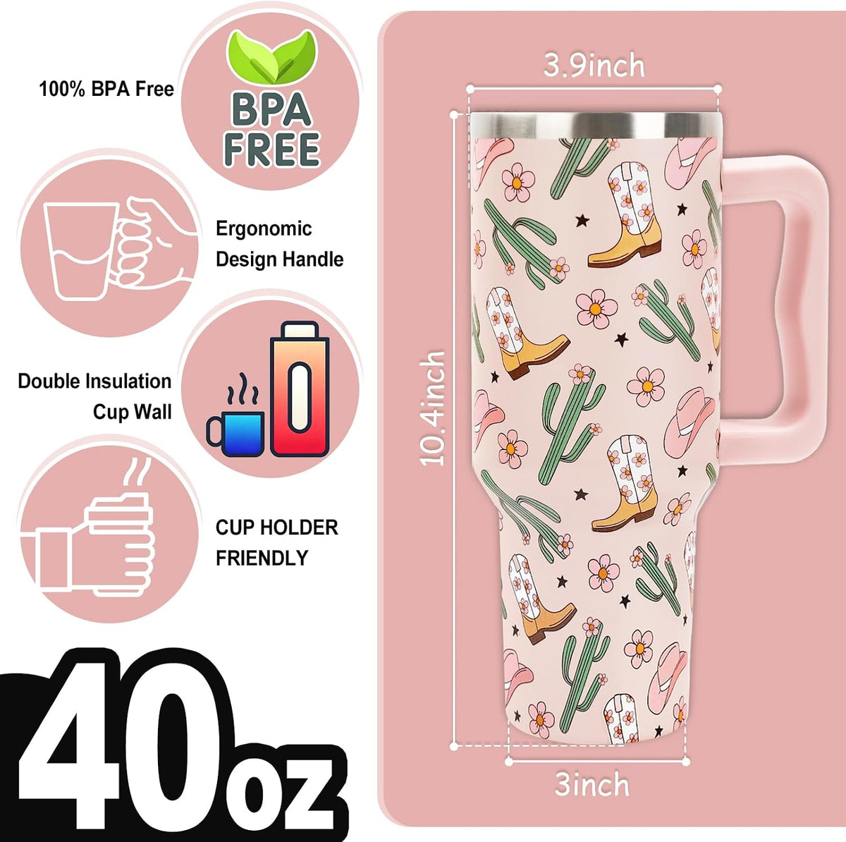 Cowgirl Tumbler with Straw and Lid 40oz Pink Cowgirl Boots Hat Cactus Flower Stainless Steel Cup with Handle Western Theme Travel Coffee Tumbler Cup for Home Office