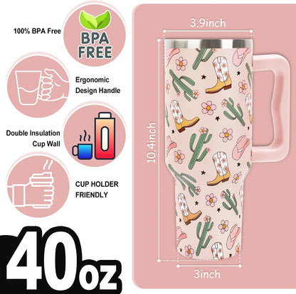Cowgirl Tumbler with Straw and Lid 40oz Pink Cowgirl Boots Hat Cactus Flower Stainless Steel Cup with Handle Western Theme Travel Coffee Tumbler Cup for Home Office
