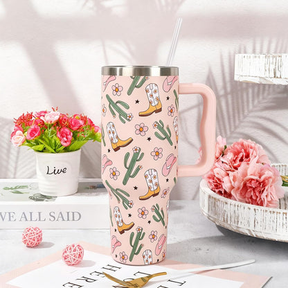 Cowgirl Tumbler with Straw and Lid 40oz Pink Cowgirl Boots Hat Cactus Flower Stainless Steel Cup with Handle Western Theme Travel Coffee Tumbler Cup for Home Office