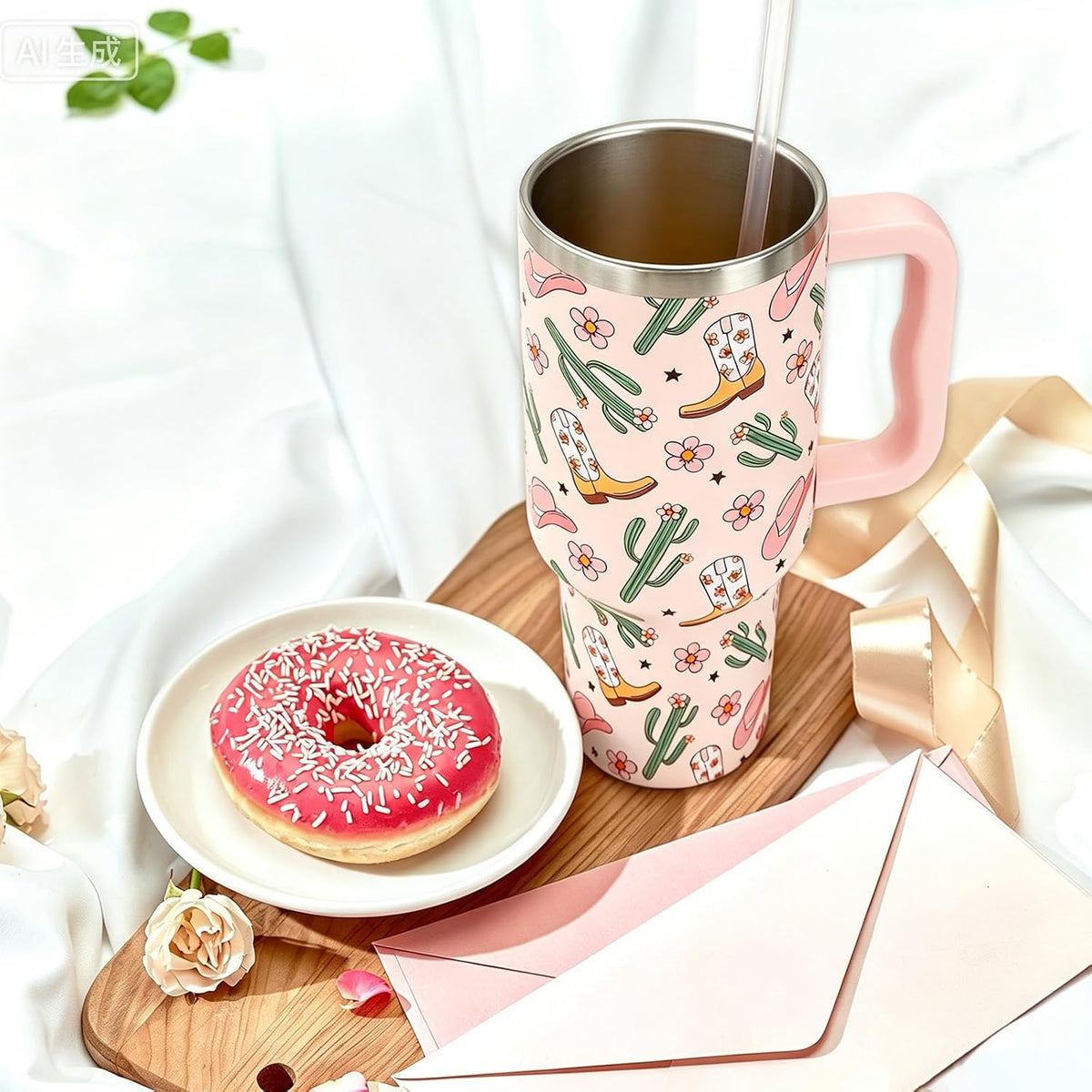 Cowgirl Tumbler with Straw and Lid 40oz Pink Cowgirl Boots Hat Cactus Flower Stainless Steel Cup with Handle Western Theme Travel Coffee Tumbler Cup for Home Office
