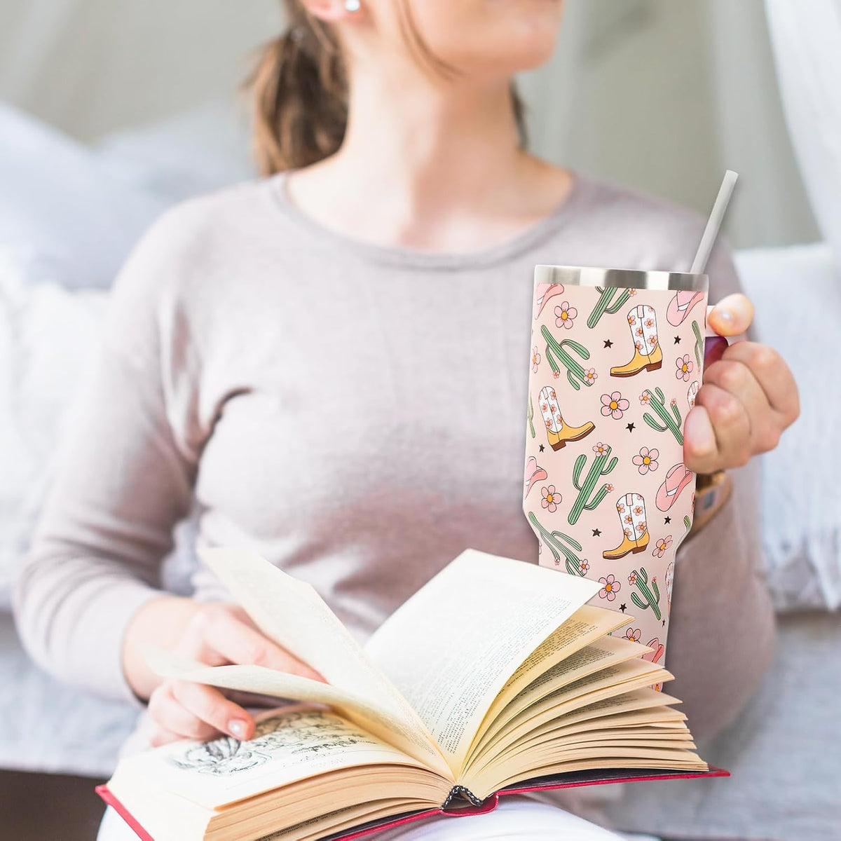 Cowgirl Tumbler with Straw and Lid 40oz Pink Cowgirl Boots Hat Cactus Flower Stainless Steel Cup with Handle Western Theme Travel Coffee Tumbler Cup for Home Office